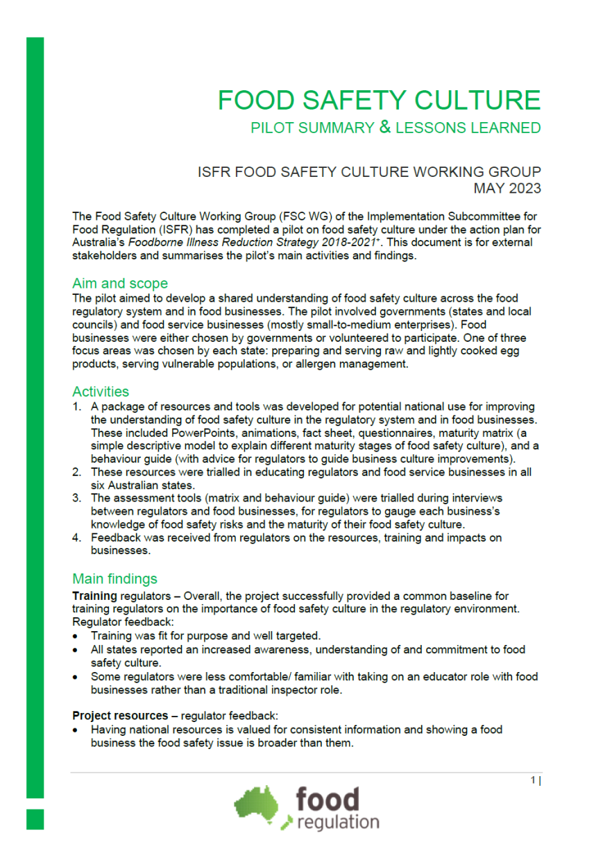 Food safety culture pilot summary and lessons learnt Food Regulation Food safety culture pilot summary and lessons learnt Food Regulation